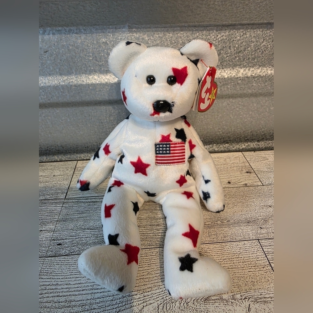 Ty Glory Beanie Baby White Bear with Red and Black Stars